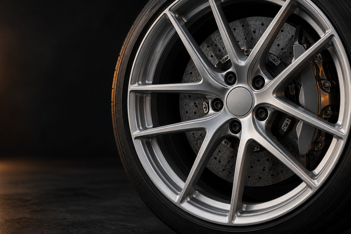 AI-generated clean-wheel concept with a carbon ceramic rotor; illustrative image.