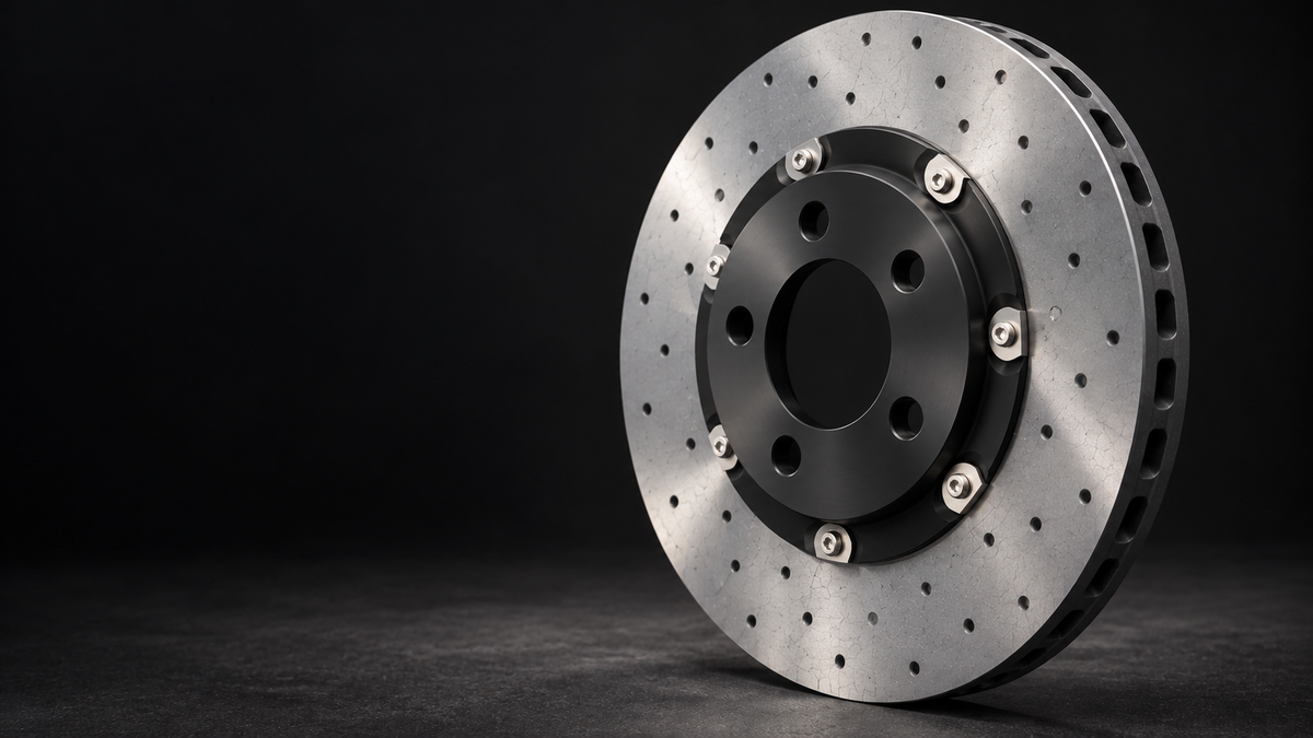Styled visualization of a drilled carbon ceramic rotor with a satin black center hat, based on factory photography