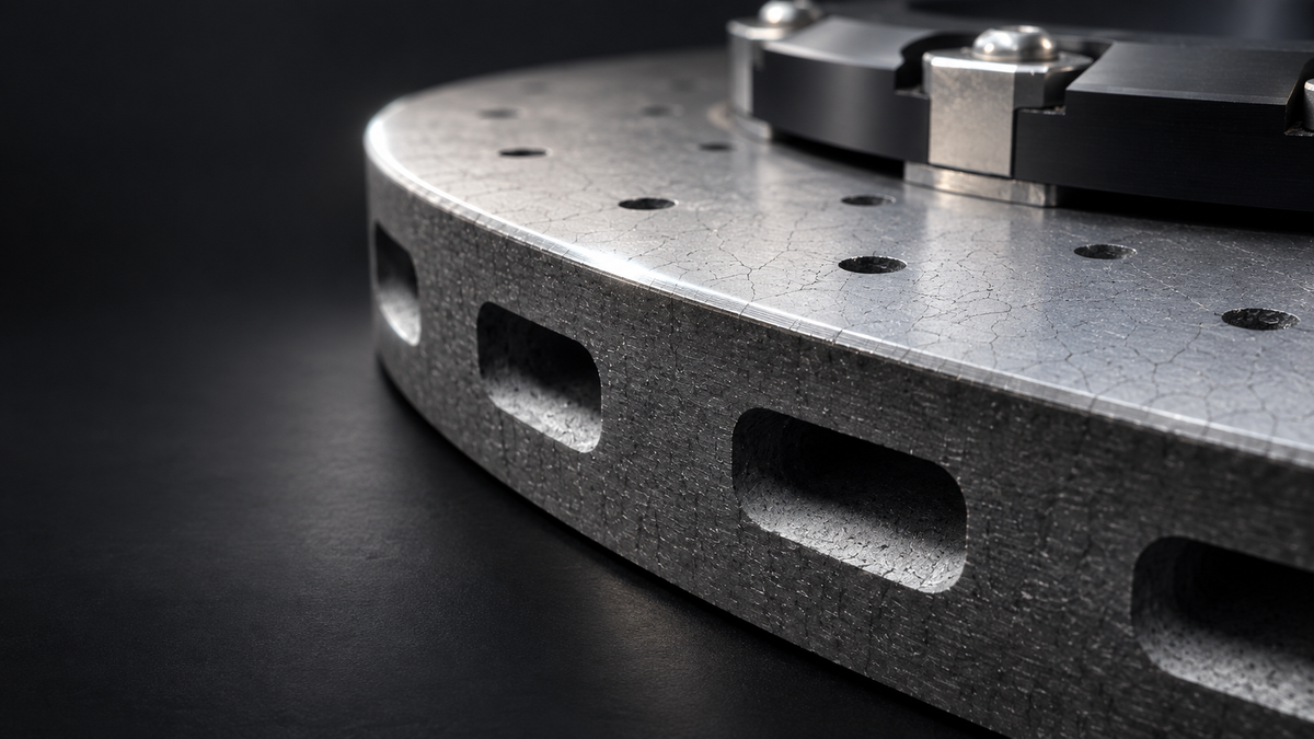 Studio visualization based on a CROSS-X rotor photograph, showing a curved carbon ceramic edge and rectangular vent openings.